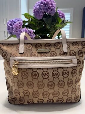 Michael Kors Brown Beige MK Logo Tote with Gold Hardware